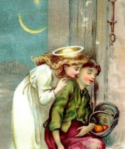 1880s-90s Victorian Christmas Card Beautiful Angel & Sleeping Girl Moon Star #5N