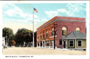 Thomaston, ME Maine  WATTS BLOCK  Street Scene~Post Office  ca1920's Postcard