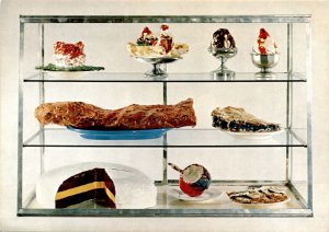 Claes Oldenburg, Pastry Case I, 1962, Painted plaster sculptures, Glass Postcard