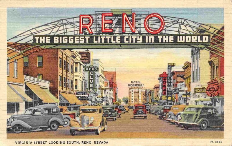 Virginia Street Cars Arch Reno Nevada 1939 linen postcard