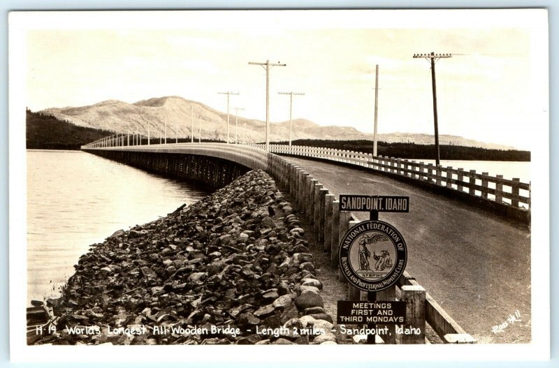 c1940s Sandpoint, Idaho Bridge Longest Wood Bridge 2 Miles NFBPWC Postcard A9 