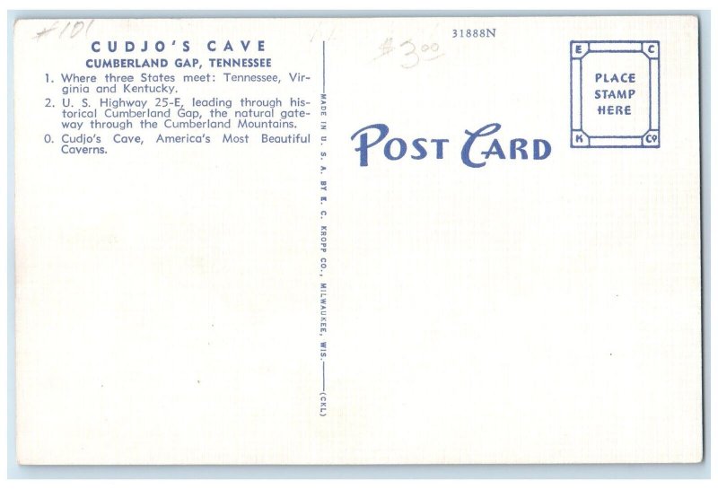 c1940's Cudjo's Cave The Pinnacle Railroad Cumberland Gap Tennessee TN Postcard