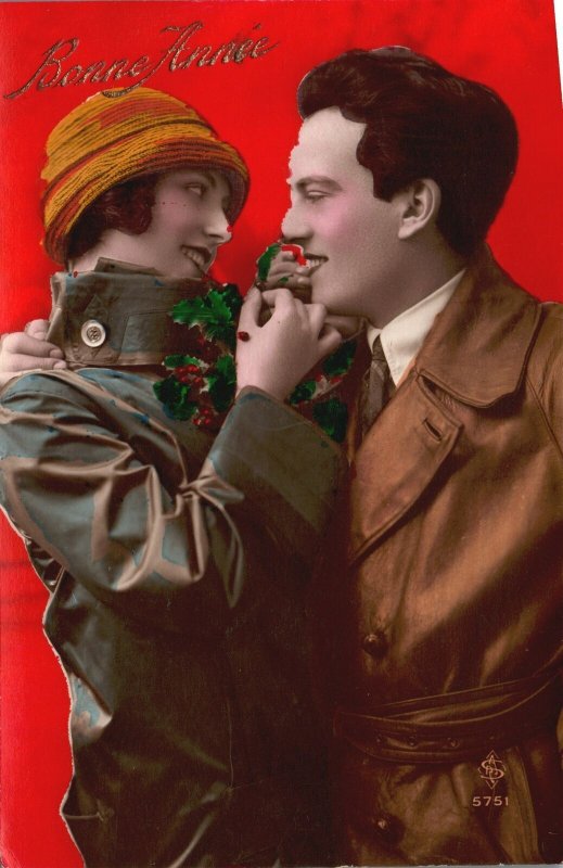 Vintage Postcard Lovers Couples Staring Each Other Red Background Card