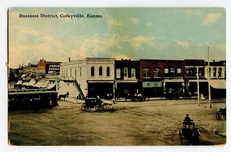 Postcard Business District Coffeyville Kansas Horse Buggy Standard View Card