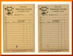 Pete's Ice Cream Order Slip/Check, Manville, Rhode Island/RI