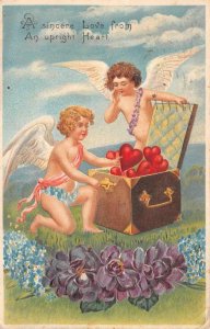 VALENTINE HOLIDAY CUPIDS CHEST OF HEARTS FLOWERS EMBOSSED POSTCARD 1908 PD