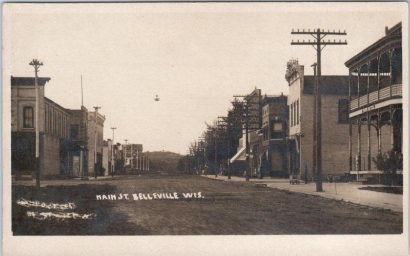 RPPC  BELLEVILLE, Wisconsin  WI ~ MAIN STREET Scene c1910s Dane County Postcard