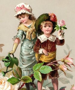 1883 Victorian Christmas Card Poem Lovely Children Watering Roses &T