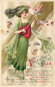 Embossed Winsch Schmucker Valentines Plea Postcard Woman Plays Heart Mandolin