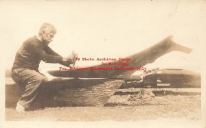 Native American Indian, RPPC, Man Hand Carving a Canoe, Photo