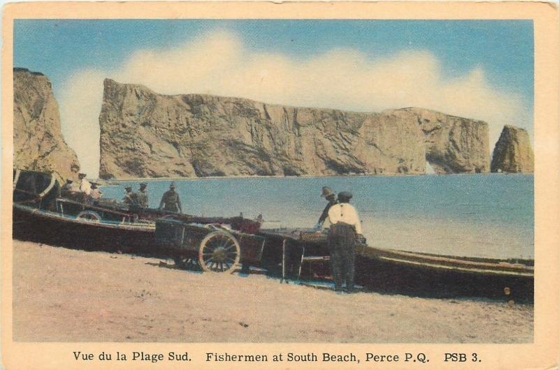 Perce Quebec~Vue de Plage Sud~Fisherman at South Beach~Wagon Cart~1930s PC