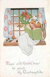 Fairman Christmas Postcard 6616 Barefoot Girl Reads A Book In Window Sill