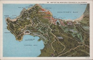 Postcard Map of the Monterey Peninsula California CA