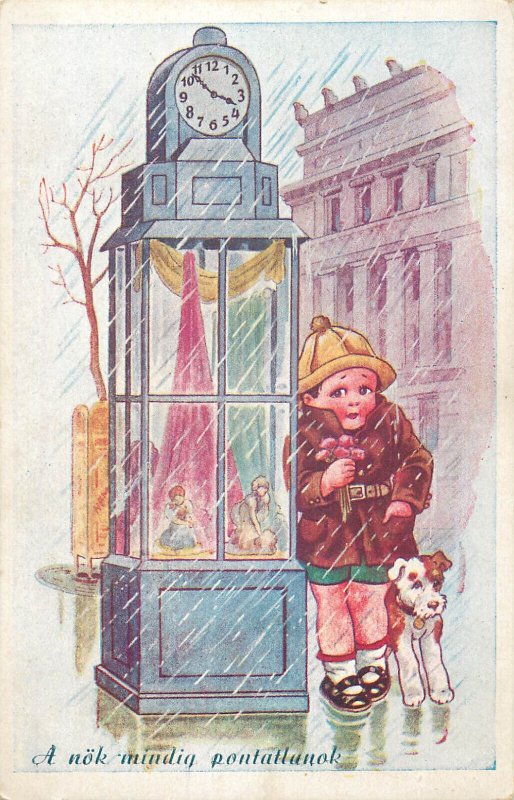 Comic drawn children greetings postcard Hungary boy dog rain clock humor