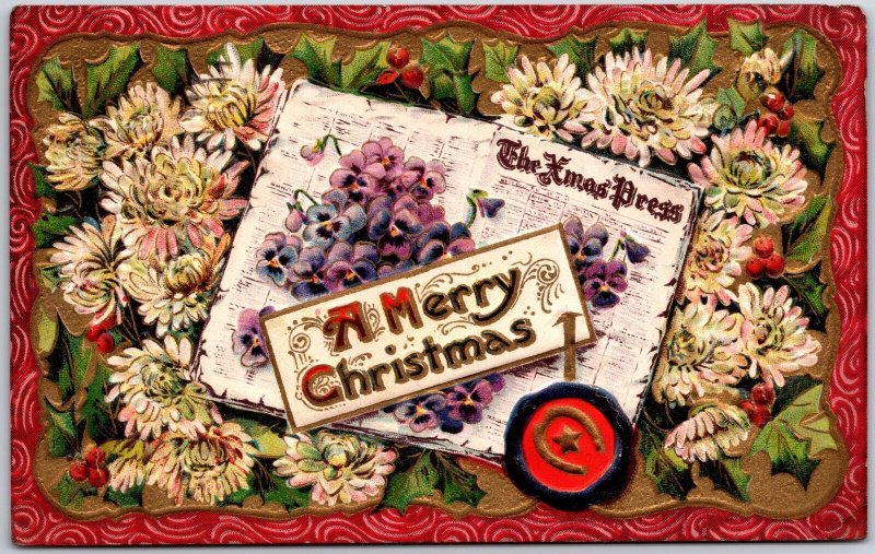 1910's A Merry Christmas  Purple Green Floral Newspaper Posted Postcard