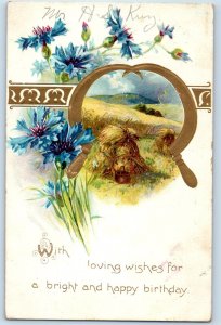 Birthday Blue Flowers Wheat Farming Scene Embossed Worcester PA Posted Postcard