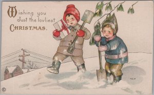 Postcard Children Digging with Shovels in the Snow Wishing Loviest Christmas