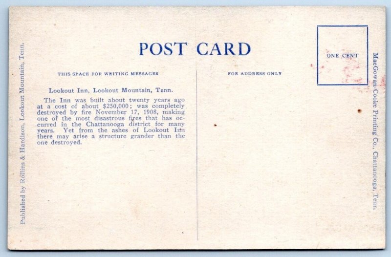 1908 BURNING of LOOKOUT MOUNTAIN TENNESSEE INN ROLLINS & HARDISON POSTCARD #1