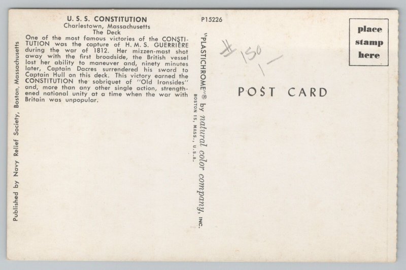 Charlestown Massachusetts~USS Constitution Rowboat On Deck~Vintage Postcard 