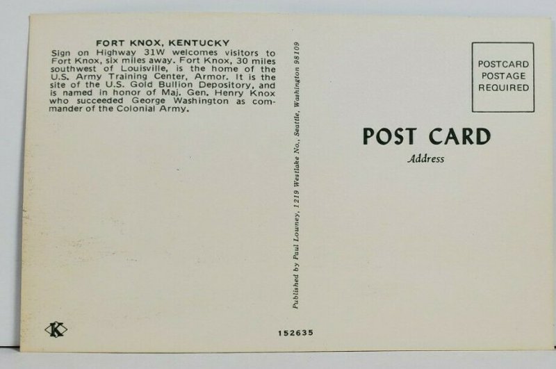 Fort Knox KY Sign on Highway 31W Welcomes Visitors Postcard P2