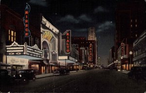 Dallas Texas TX Theatre Row at Night Linen Neon Signs Vintage Postcard