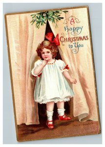 Vintage 1910's Ellen Clapsaddle Christmas Postcard Cute Child Red Bow Mistletoe