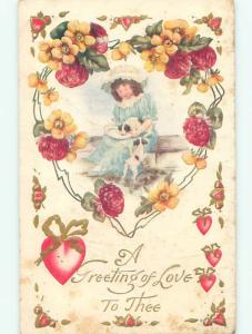 Pre-Linen valentine CUTE GIRL FEEDING TWO PUPPY DOGS INSIDE HEART W7371