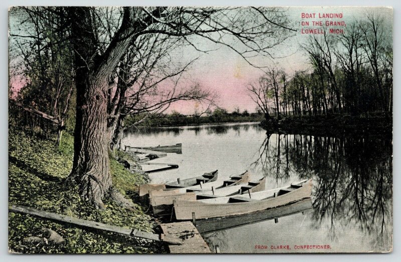 Lowell Michigan~Boat Landing on Grand River~Canoes on Bank~Plank~c1910 Postcard 