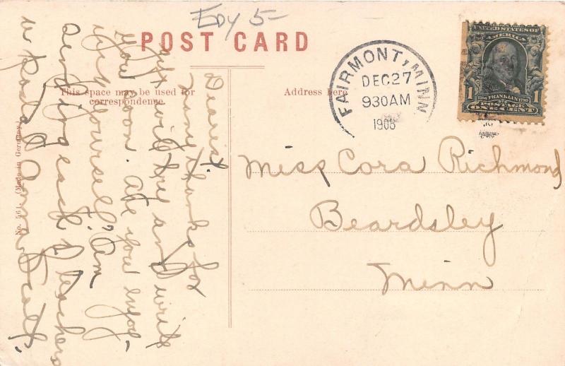 Fairmont Minnesota~Public Schools~Clock Tower~American Flag~1908 Postcard