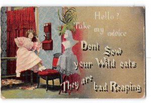 Romance Postcard 1907-1915 Woman on Telephone Don't Sow Your Wild Oats