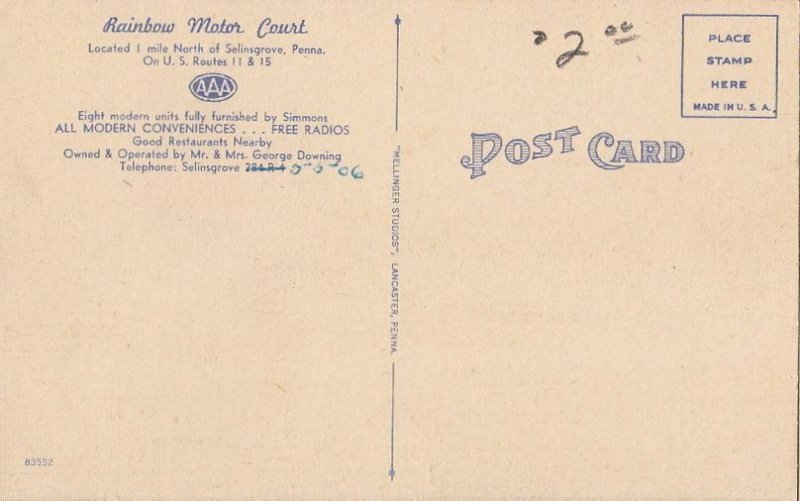 Postcard Rainbow Motor Court Selinsgrove PA