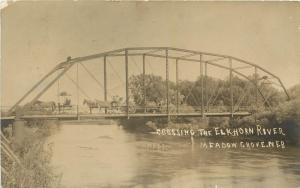 c1907 RPPC Horsedrawn Wagons Crossing Elkhorn River Meadow Grove NE Madison Co.