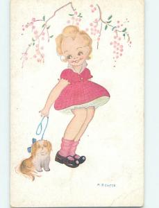 Pre-Linen foreign signed CUTE EUROPEAN GIRL WALKS LITTLE DOG ON LEASH J4916