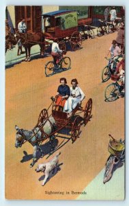 HAMILTON, BERMUDA  Linen STREET SCENE Horsedrawn GROCERY WAGON  c1940s Postcard