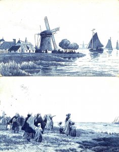 Dutch types & windmill landscape unit of 2 mono-chrome postcards Netherlands 