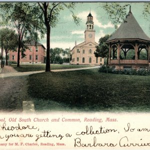 c1900s UDB Reading, MA High School Old South Church Postcard Brookline Sta. A102