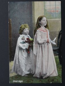 Greeting GOOD NIGHT Two little Girls with Dolly & Candle c1909 Postcard by J.W.B