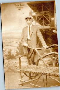 RPPC AZO Young Man with Tree Branch Bench High Rock Pen-Mar Maryland
