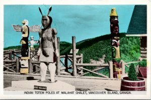 RPPC Postcard BC Vancouver Island Indian Totem Poles at Malahat Chalet 1950s K48