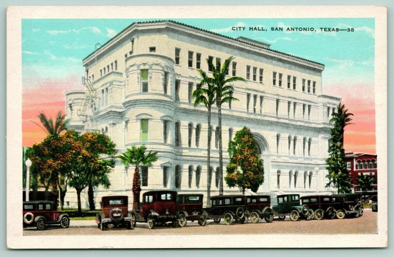 San Antonio Texas~Vintage Cars Surround City Hall~Towers Cut Short~1920 Postcard