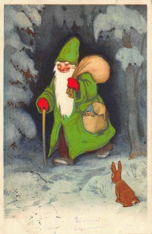 Christmas Green Suited Santa Claus Bag of Toys Walking Germany Postcard