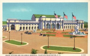 Vintage Postcard 1930's Union Station Columbus Memorial Fountain Washington DC