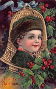CHRISTMAS HOLIDAY CHILD BOY BELL HOLLY EMBOSSED POSTCARD (c. 1910)