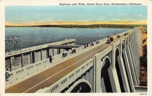 Oklahoma OK   HIGHWAY~CARS & People Walkway  GRAND RIVER DAM  c1940's Postcard