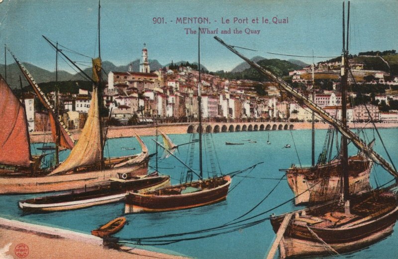 VINTAGE POSTCARD THE WHARF AND THE QUAY AT MENTON ON THE FRENCH RIVIERA c. 1920