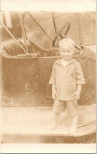 RPPC Vintage Real Photo Postcard Little Boy on Running Board Antique Car PC-36