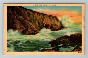 York ME-Maine, Scenic Bald Head Cliffs, Pounding Surf, Vintage Linen Postcard 