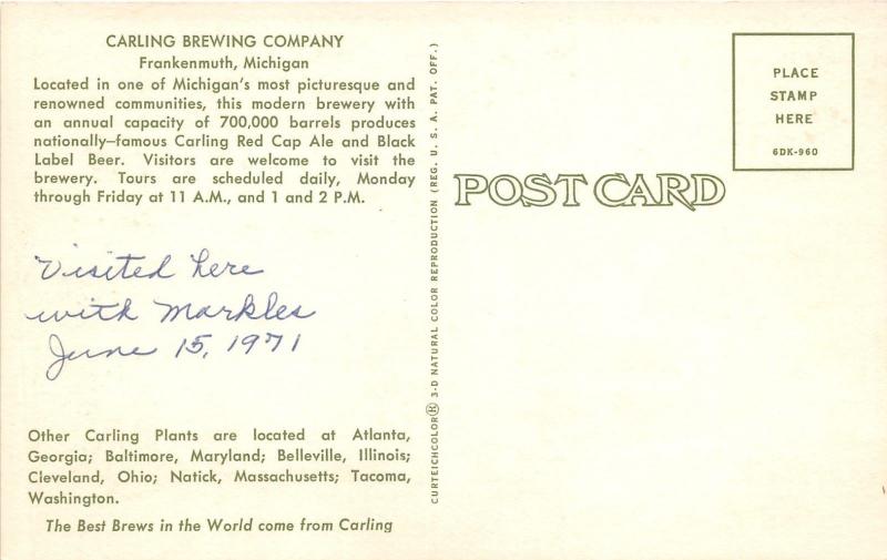 Frankenmuth Michigan~Carling Brewing Company~View Across Bridge~1950s Pc