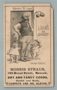 NEWARK NJ MORRIS STRAUS LOANS on JEWELRY ADVERTISING ANTIQUE TRADE CARD JUDAICA