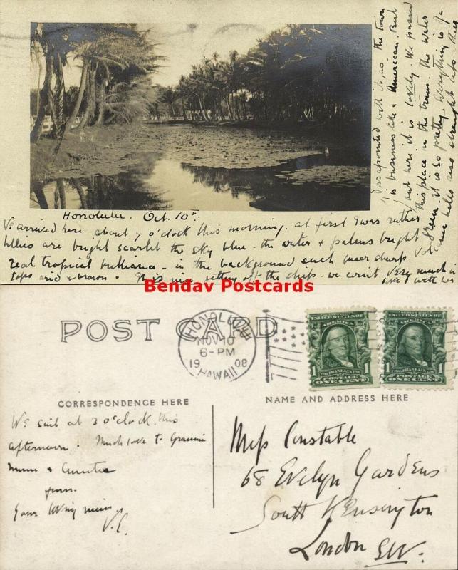 hawaii, HONOLULU, Scene of River or Pond (1908) RPPC Stamps